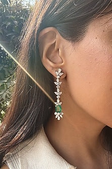 White Finish Motif & Emerald Drop Dangler Earrings In Sterling Silver