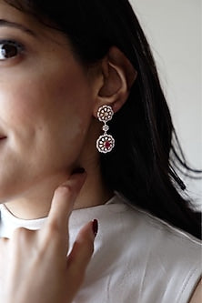 Gold Finish Red Stone Dangler Earrings In Sterling Silver