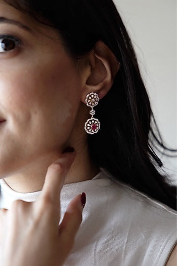 Gold Finish Red Stone Dangler Earrings In Sterling Silver