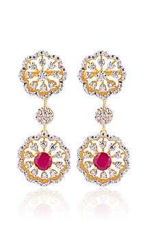 Gold Finish Red Stone Dangler Earrings In Sterling Silver
