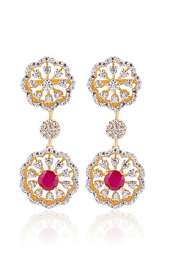 Gold Finish Red Stone Dangler Earrings In Sterling Silver