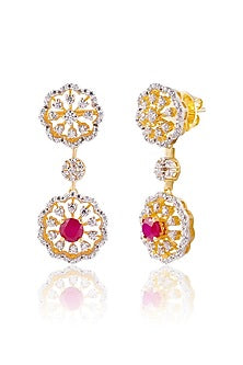 Gold Finish Red Stone Dangler Earrings In Sterling Silver