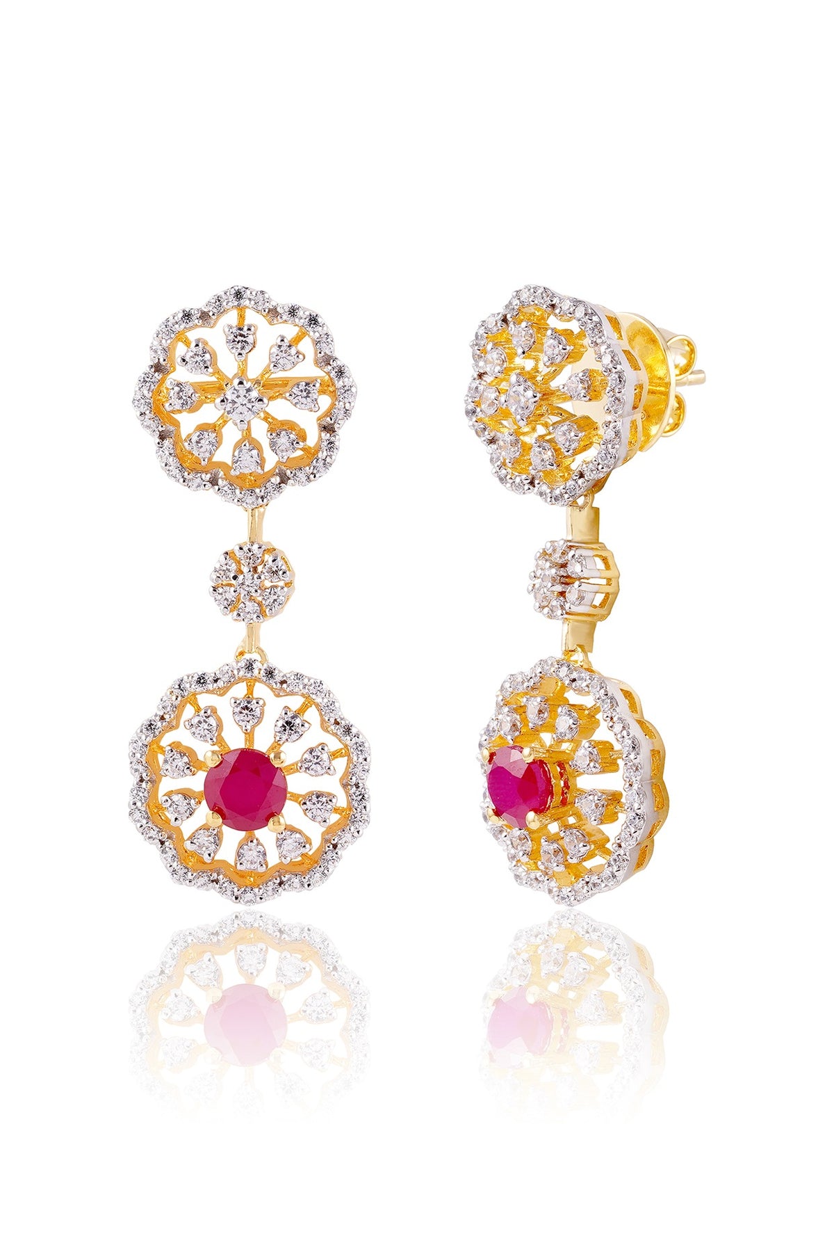 Gold Finish Red Stone Dangler Earrings In Sterling Silver