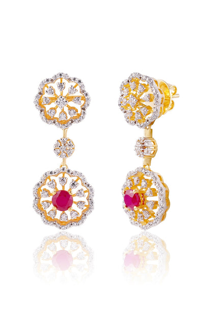 Gold Finish Red Stone Dangler Earrings In Sterling Silver