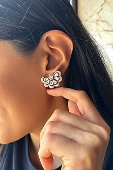 White Finish White Stone Stud Earrings In Sterling Silver