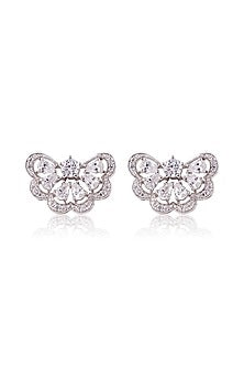 White Finish White Stone Stud Earrings In Sterling Silver