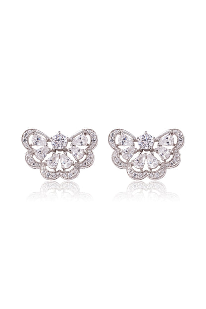 White Finish White Stone Stud Earrings In Sterling Silver