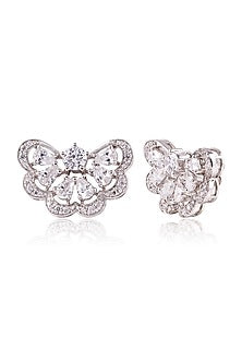 White Finish White Stone Stud Earrings In Sterling Silver