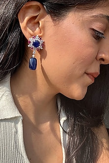 White Finish Diamond & Blue Tumble Dangler Earrings In Sterling Silver