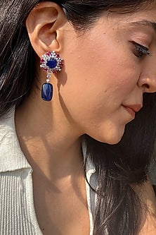 White Finish Diamond & Blue Tumble Dangler Earrings In Sterling Silver
