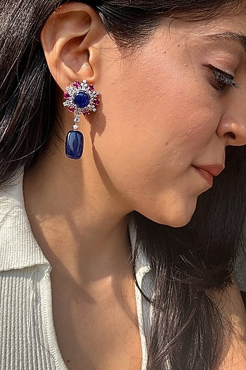 White Finish Diamond & Blue Tumble Dangler Earrings In Sterling Silver