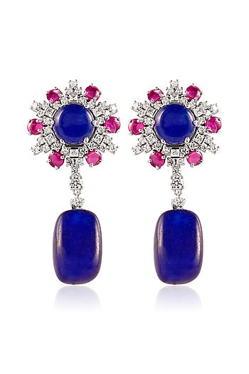 White Finish Diamond & Blue Tumble Dangler Earrings In Sterling Silver