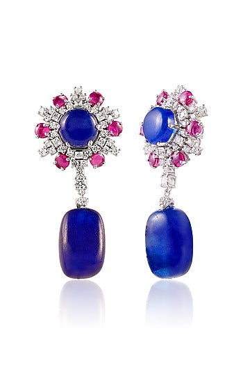 White Finish Diamond & Blue Tumble Dangler Earrings In Sterling Silver