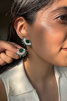White Finish Green Stone Stud Earrings In Sterling Silver