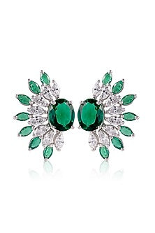 White Finish Green Stone Stud Earrings In Sterling Silver