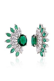 White Finish Green Stone Stud Earrings In Sterling Silver