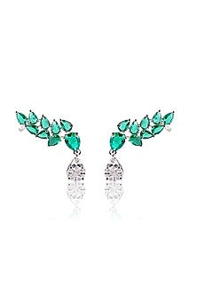 White Finish Green Stone Stud Earrings In Sterling Silver