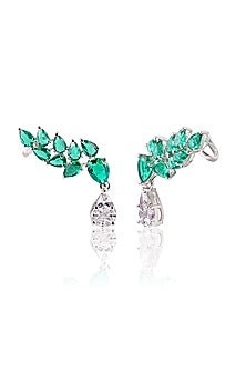 White Finish Green Stone Stud Earrings In Sterling Silver