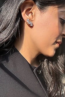 White Finish White Stone Stud Earrings In Sterling Silver