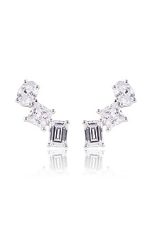 White Finish White Stone Stud Earrings In Sterling Silver