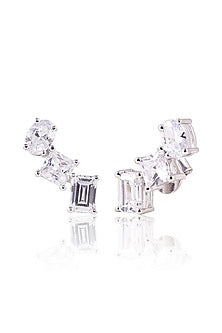 White Finish White Stone Stud Earrings In Sterling Silver