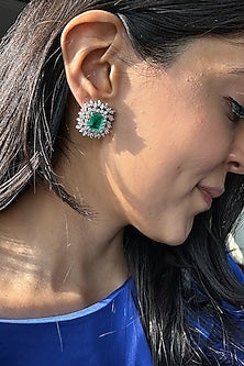 White Finish Green Stone Stud Earrings In Sterling Silver