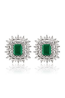 White Finish Green Stone Stud Earrings In Sterling Silver