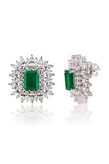 White Finish Green Stone Stud Earrings In Sterling Silver