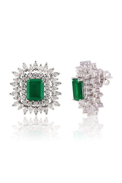 White Finish Green Stone Stud Earrings In Sterling Silver