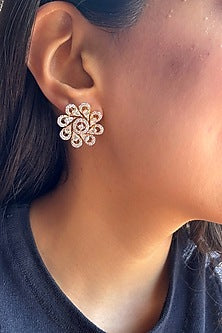 Gold Finish White Stone Stud Earrings In Sterling Silver
