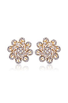 Gold Finish White Stone Stud Earrings In Sterling Silver
