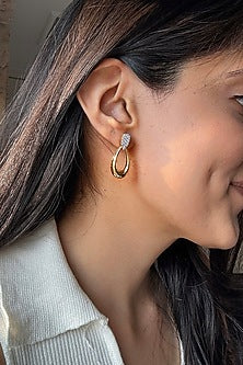 Gold Finish White Stone Dangler Earrings In Sterling Silver