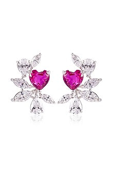 White Finish Pink Stone Stud Earrings In Sterling Silver
