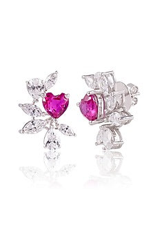 White Finish Pink Stone Stud Earrings In Sterling Silver