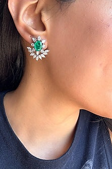 White Finish Green Stone Stud Earrings In Sterling Silver