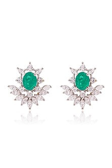 White Finish Green Stone Stud Earrings In Sterling Silver