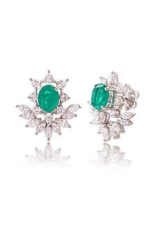 White Finish Green Stone Stud Earrings In Sterling Silver
