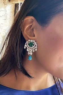 White Finish Turquoise & Green Stone Dangler Earrings In Sterling Silver