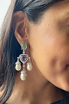 White Finish Pearl & Aqua Stone Dangler Earrings In Sterling Silver