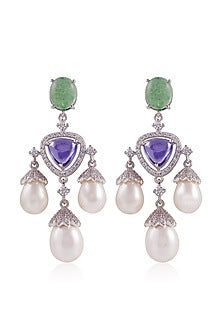 White Finish Pearl & Aqua Stone Dangler Earrings In Sterling Silver