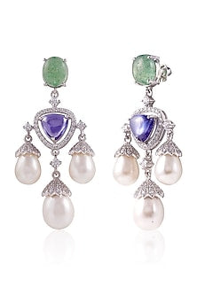 White Finish Pearl & Aqua Stone Dangler Earrings In Sterling Silver