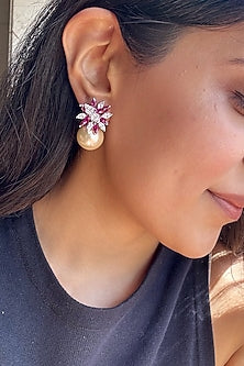 White Finish Pearl & Pink Stone Stud Earrings In Sterling Silver