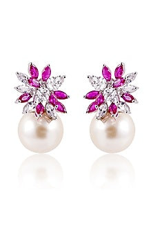 White Finish Pearl & Pink Stone Stud Earrings In Sterling Silver