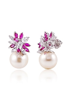 White Finish Pearl & Pink Stone Stud Earrings In Sterling Silver