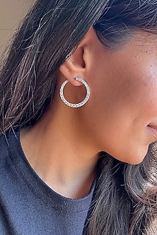 White Finish White Stone Hoop Earrings In Sterling Silver