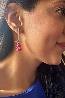 White Finish Pink Stone Dangler Earrings In Sterling Silver