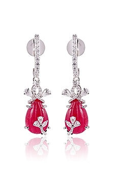 White Finish Pink Stone Dangler Earrings In Sterling Silver