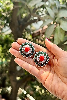 White Finish Green Stone Stud Earrings In Sterling Silver