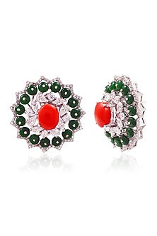 White Finish Green Stone Stud Earrings In Sterling Silver