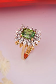 Gold Finish Cubic Zirconia & Green Stone Ring In Sterling Silver